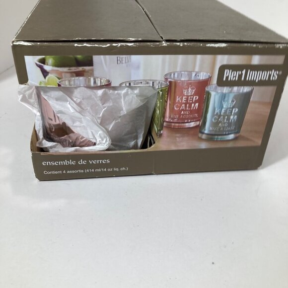 Set 4 Drinking Glass Pier 1 Imports Tumblers Iridescent Keep Calm 8 x 8 x 5" Ope - Picture 2 of 8